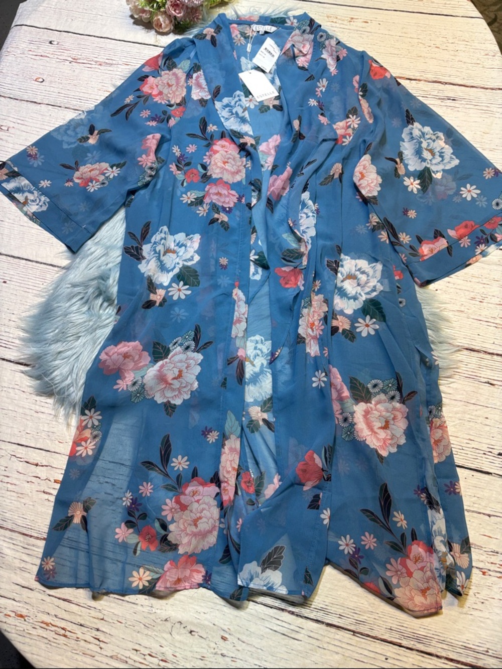 NWT ESTELLE Blue Floral Kimono Cover-Up SZ 1X